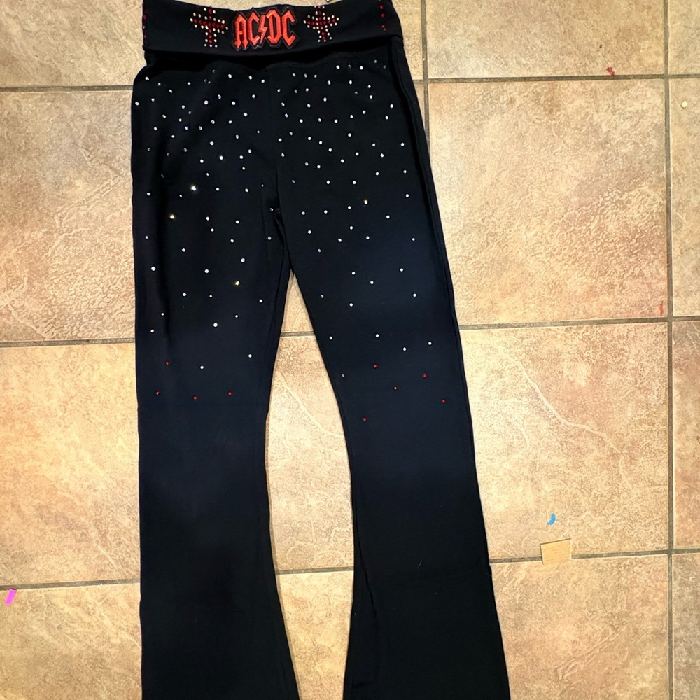 Black Flared Pants Ac/Dc Leggings with Rhinestone Detailing - Picture 4 of 8